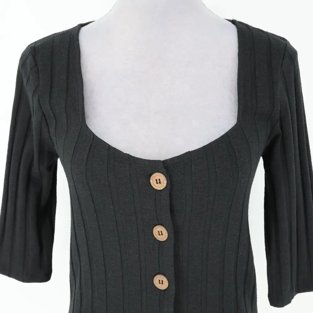 Free People Sweater Womens Medium Black Ribbed Knit Buttons Square Neck Y2K - Picture 7 of 15
